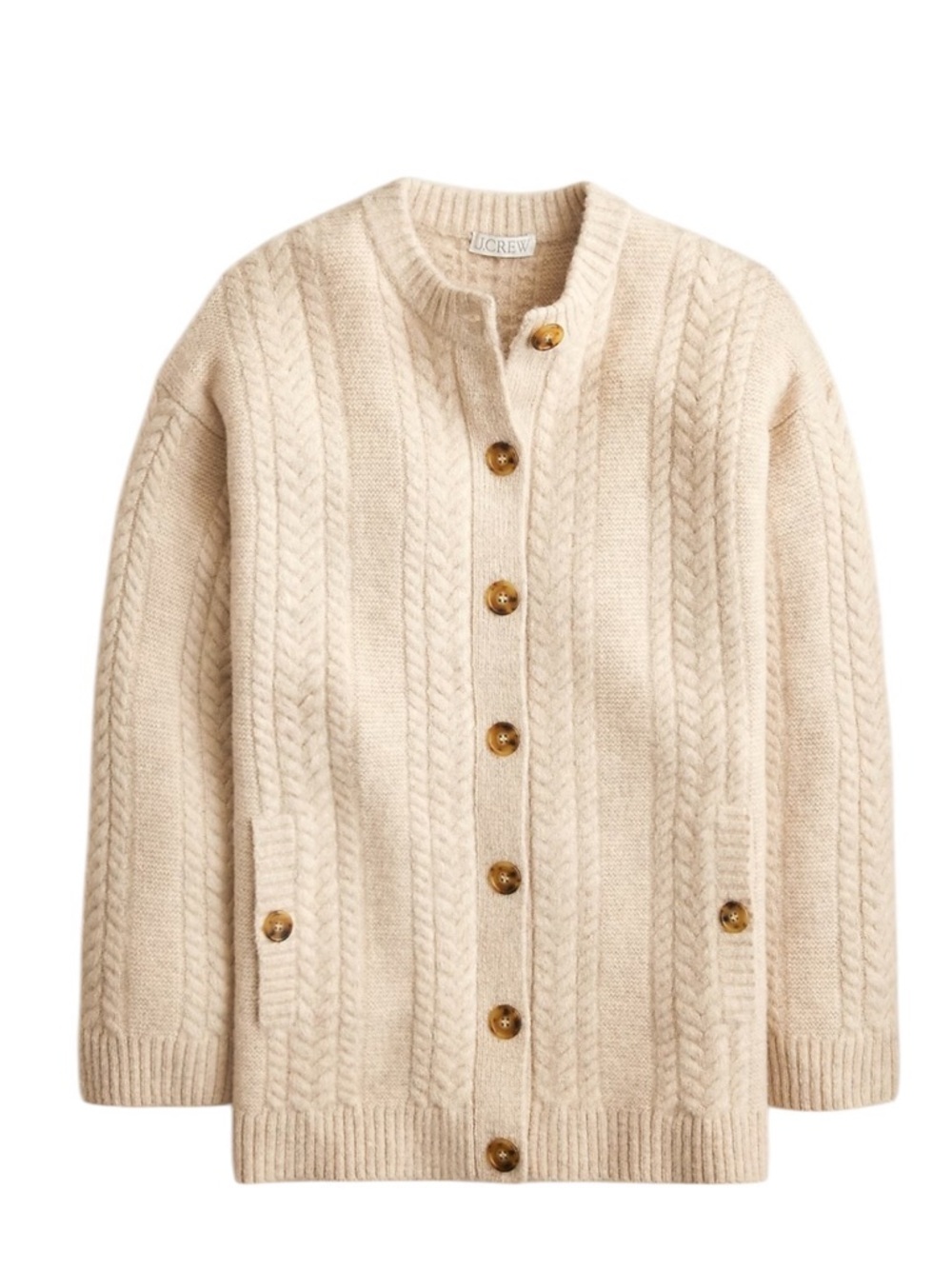 J. Crew Relaxed Cable Knit Cardigan Medium Oatmeal Oversized Wool Cozy Layering